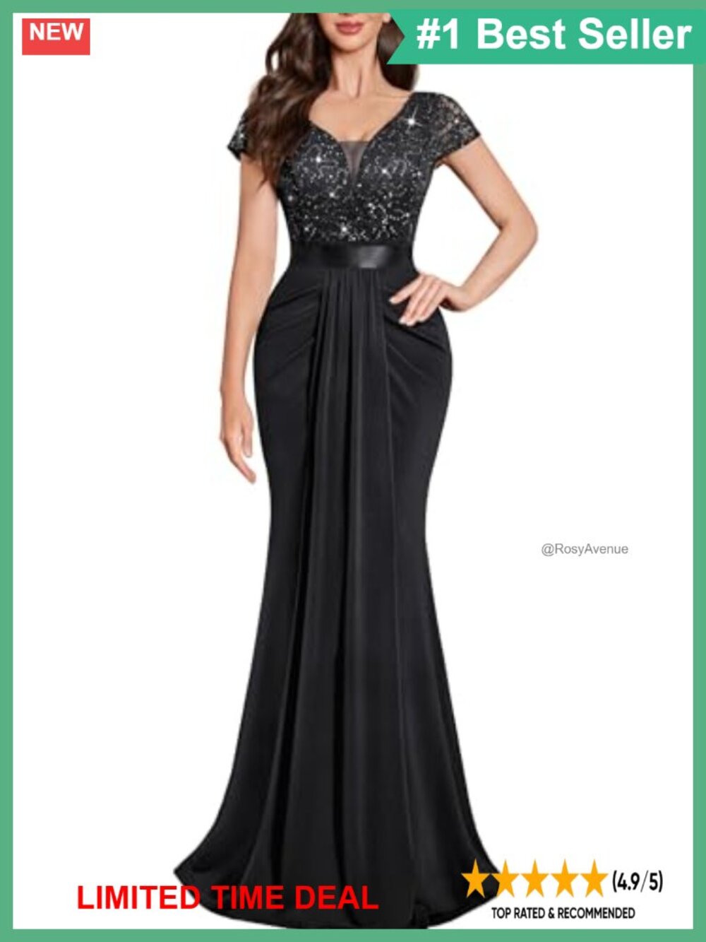Lace Sequin Pleated V-Neck Evening Formal Maxi Dress